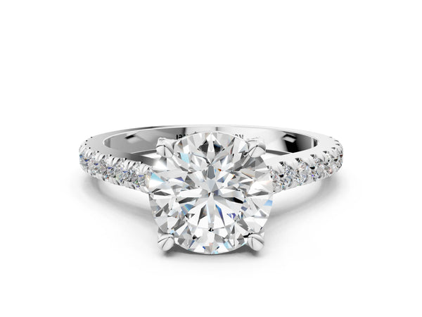 White gold Round Brilliant Diamond Solitaire with Pavé Band and Four-Prong Setting