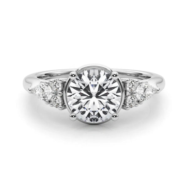 White gold Round Brilliant Diamond Solitaire with Side Stones on a Tapered Band and Four-Prong Setting