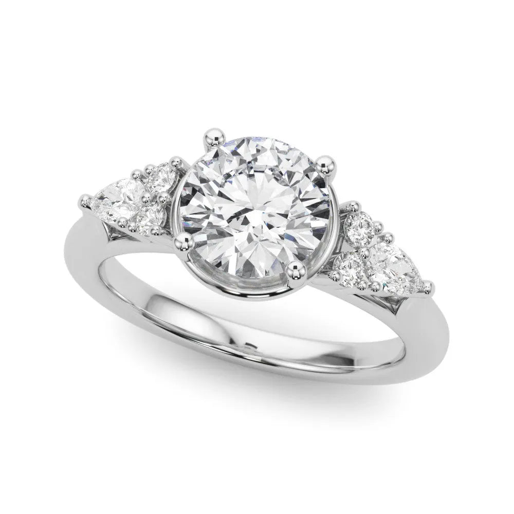 White gold Round Brilliant Diamond Solitaire with Side Stones on a Tapered Band and Four-Prong Setting