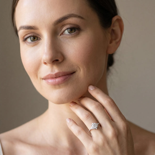 Platinum Cushion Cut Brilliant Diamond with Cluster Setting on a Beaded Band and Four-Prong Setting