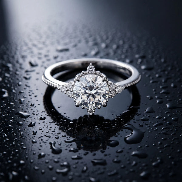 White gold Round Brilliant Diamond with Cluster Setting on a Beaded Band and Four-Prong Setting