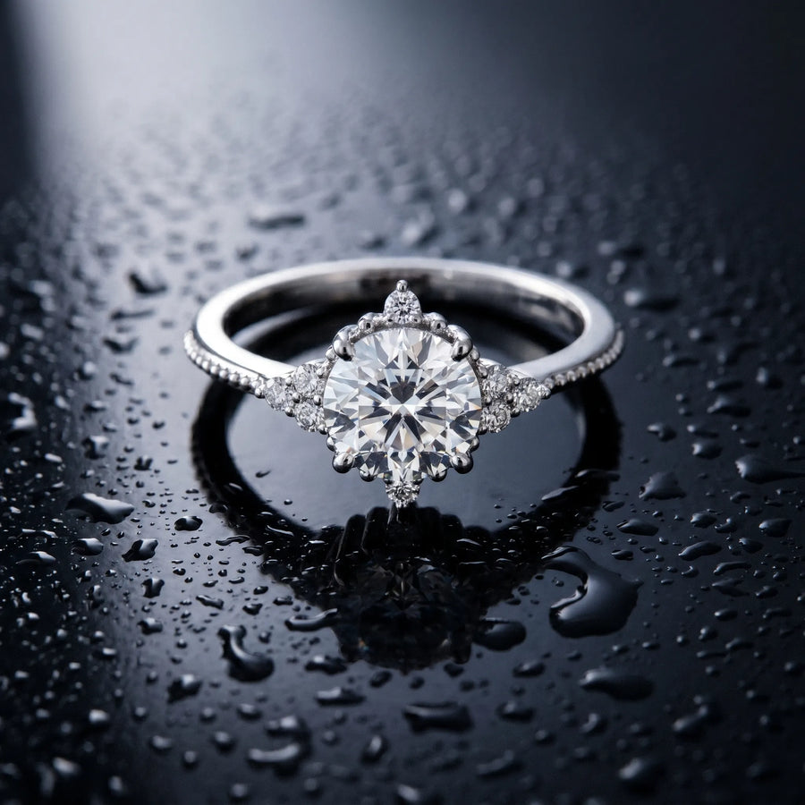 White gold Round Brilliant Diamond with Cluster Setting on a Beaded Band and Four-Prong Setting