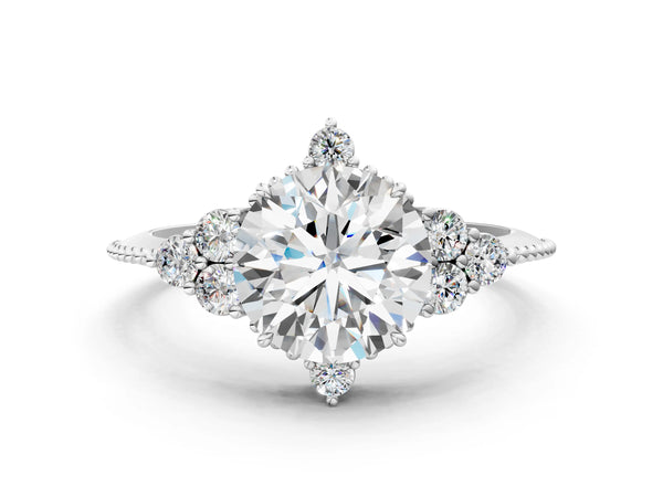 White gold Round Brilliant Diamond with Cluster Setting on a Beaded Band and Four-Prong Setting
