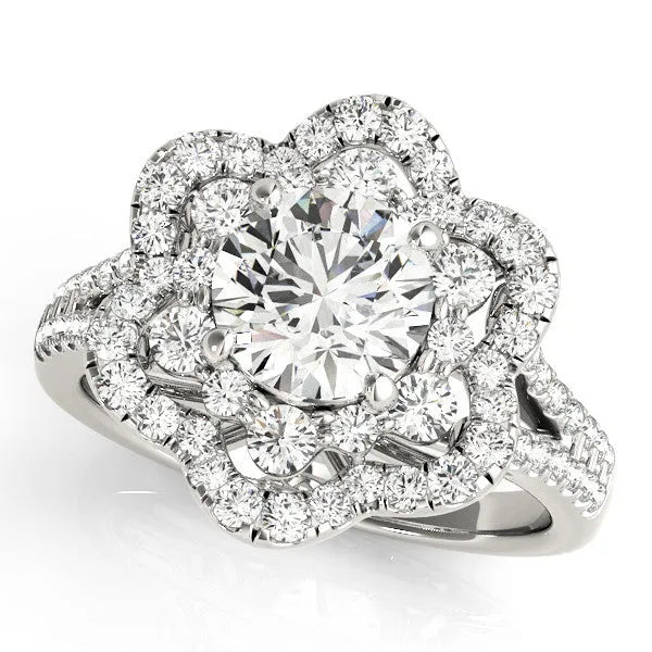 White gold Round Brilliant Double Halo Floral Pave Split Shank Prong Setting Ring