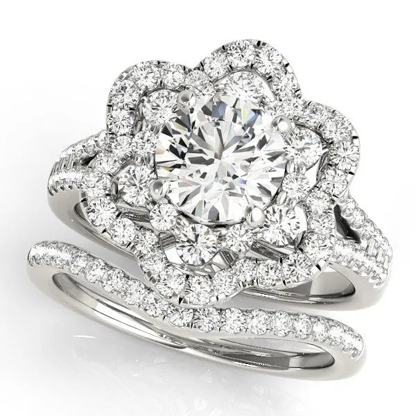 White gold Round Brilliant Double Halo Floral Pave Split Shank Prong Setting Ring