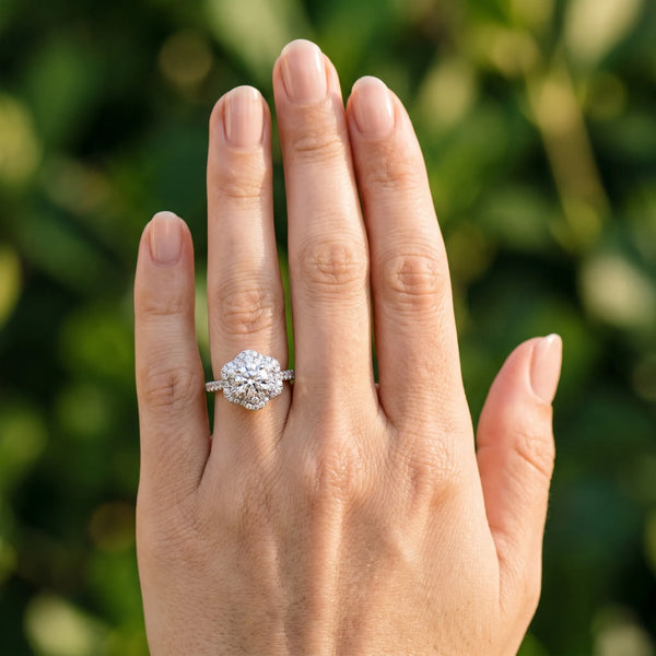White gold Round Brilliant Double Halo Floral Pave Split Shank Prong Setting Ring