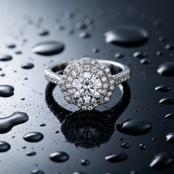 White gold Round Brilliant Double Halo Floral Pave Split Shank Prong Setting Ring