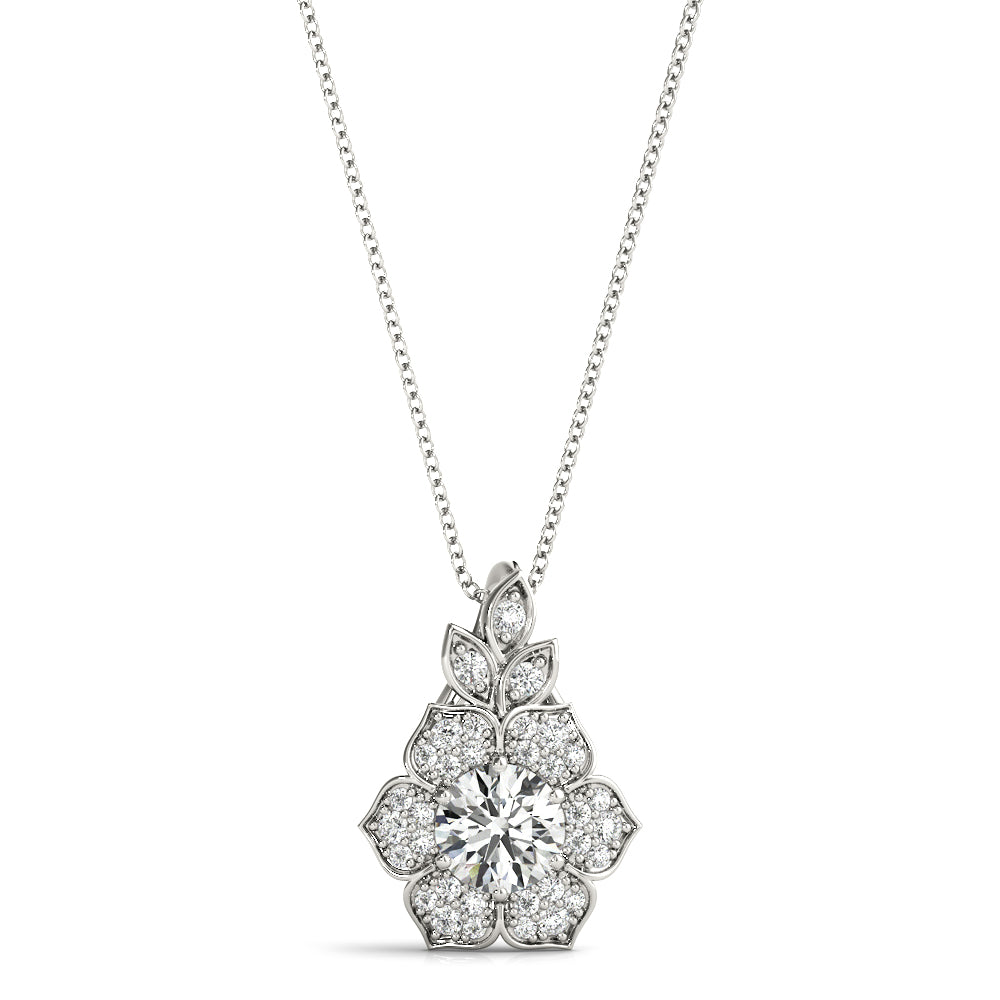 White gold Round Brilliant Flower Cluster Pendant with Prong Setting