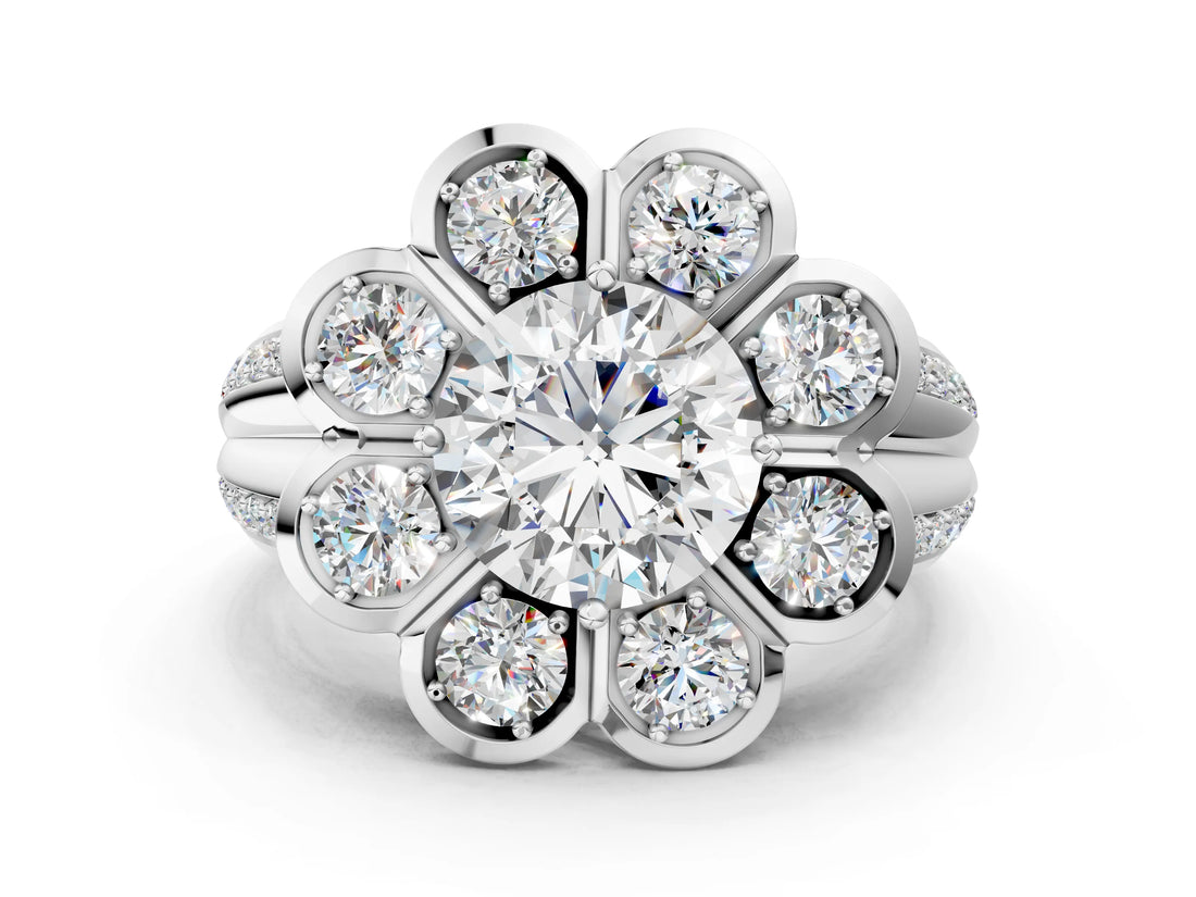 White gold Round Brilliant Flower Halo Diamond Split Shank Ring_117
