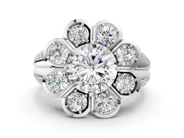 White gold Round Brilliant Flower Halo Diamond Split Shank Ring