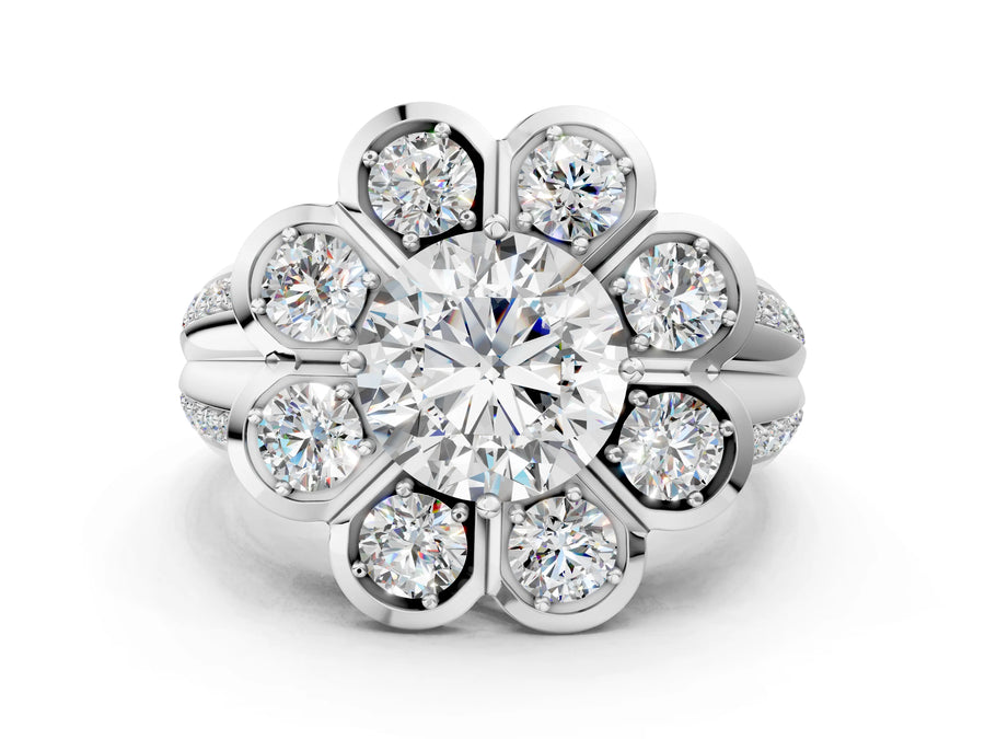 White gold Round Brilliant Flower Halo Diamond Split Shank Ring