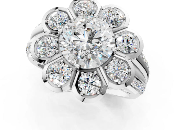 White gold Round Brilliant Flower Halo Diamond Split Shank Ring