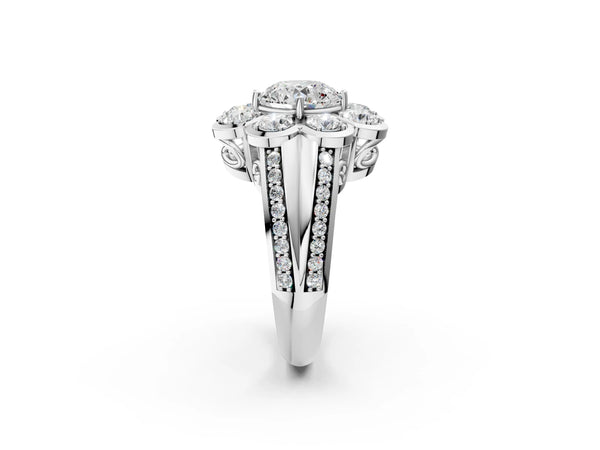 White gold Round Brilliant Flower Halo Diamond Split Shank Ring