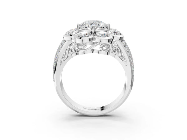 White gold Round Brilliant Flower Halo Diamond Split Shank Ring