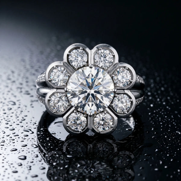 White gold Round Brilliant Flower Halo Diamond Split Shank Ring