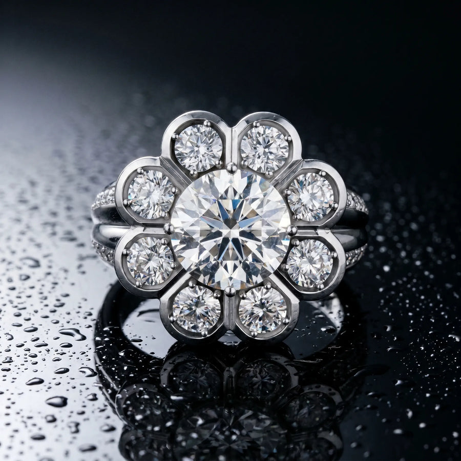 White gold Round Brilliant Flower Halo Diamond Split Shank Ring
