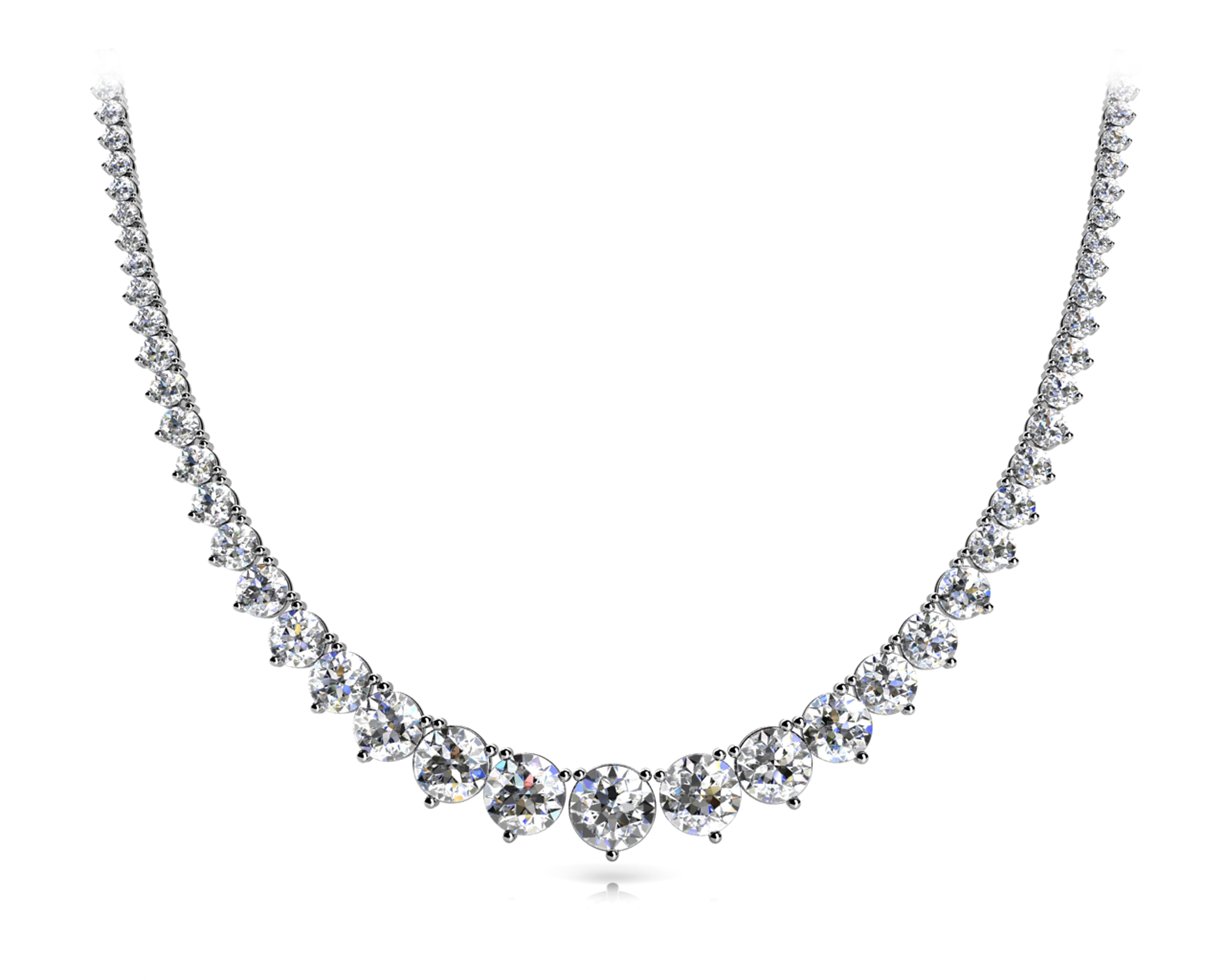 White gold Round Brilliant Graduated Diamond Tennis Necklace with Three-Prong Setting
