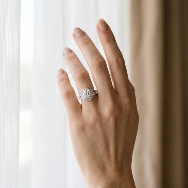 White gold Round Brilliant Halo Floral Diamond Engagement Ring with Pave Band and Prong Setting