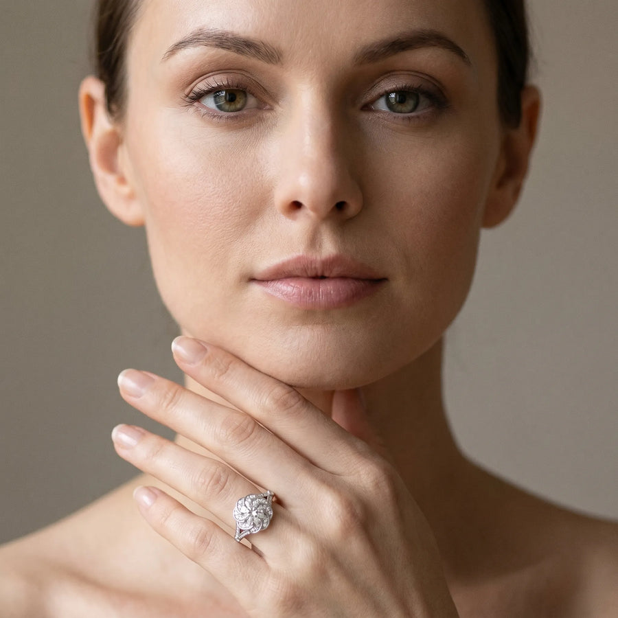 White gold Round Brilliant Halo Floral Diamond Engagement Ring with Pave Band and Prong Setting