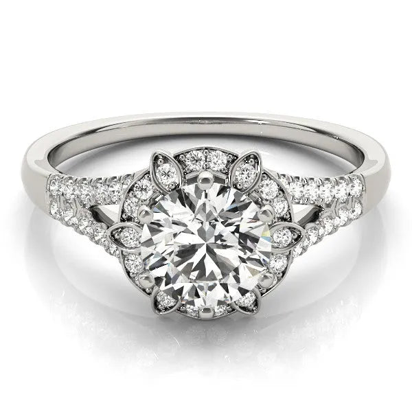 White gold Round Brilliant Halo Flower Split Shank Prong Setting Ring