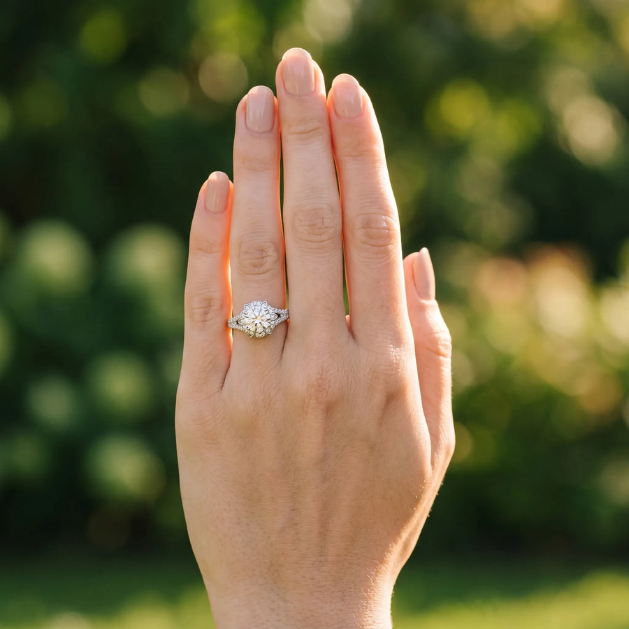 White gold Round Brilliant Halo Flower Split Shank Prong Setting Ring