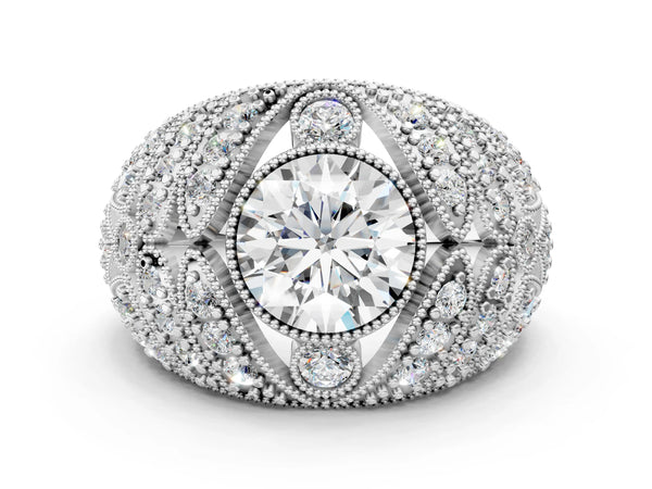 White gold Round Brilliant Halo Pave Diamond Milgrain Ring