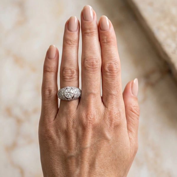 White gold Round Brilliant Halo Pave Diamond Milgrain Ring