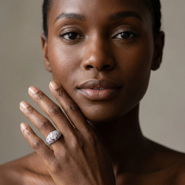 White gold Round Brilliant Halo Pave Diamond Milgrain Ring
