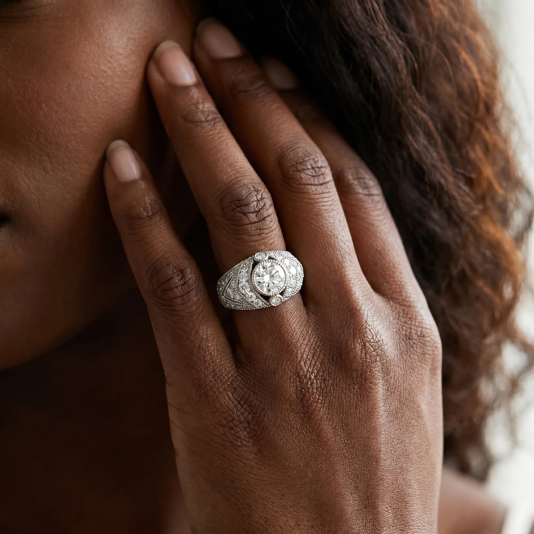 White gold Round Brilliant Halo Pave Diamond Milgrain Ring_26