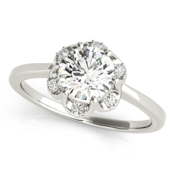White gold Round Brilliant Halo Solitaire Ring with Scalloped Prong Setting