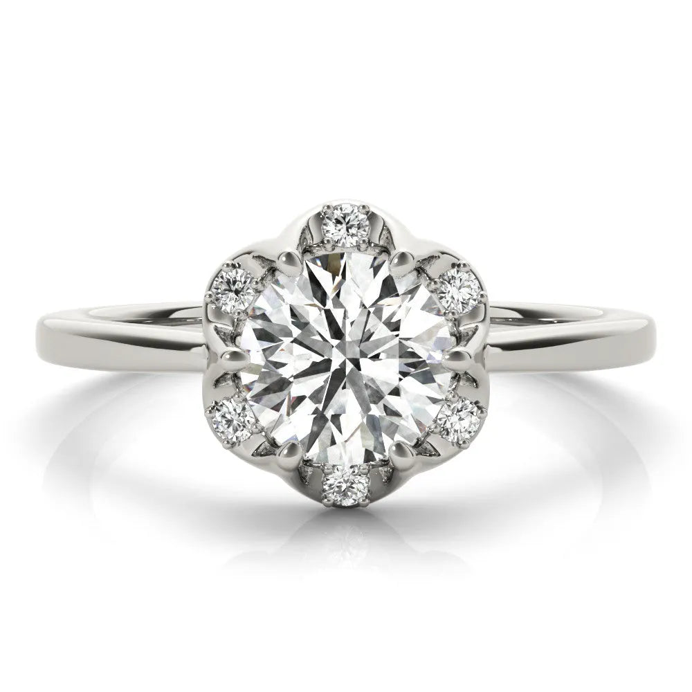 White gold Round Brilliant Halo Solitaire Ring with Scalloped Prong Setting