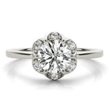 White gold Round Brilliant Halo Solitaire Ring with Scalloped Prong Setting