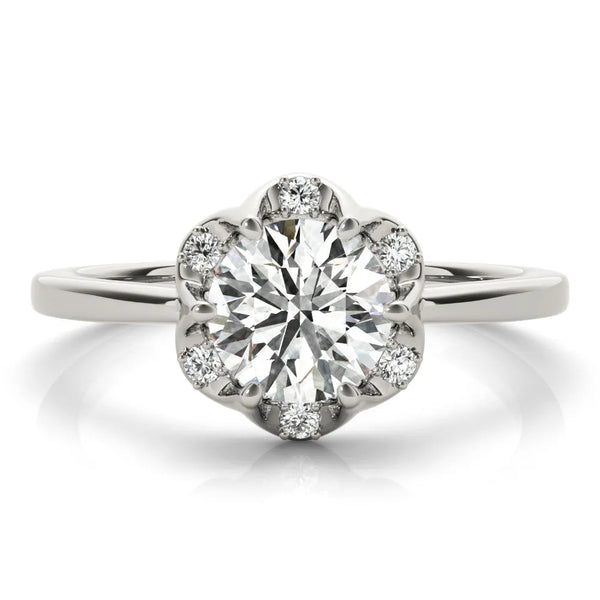 White gold Round Brilliant Halo Solitaire Ring with Scalloped Prong Setting