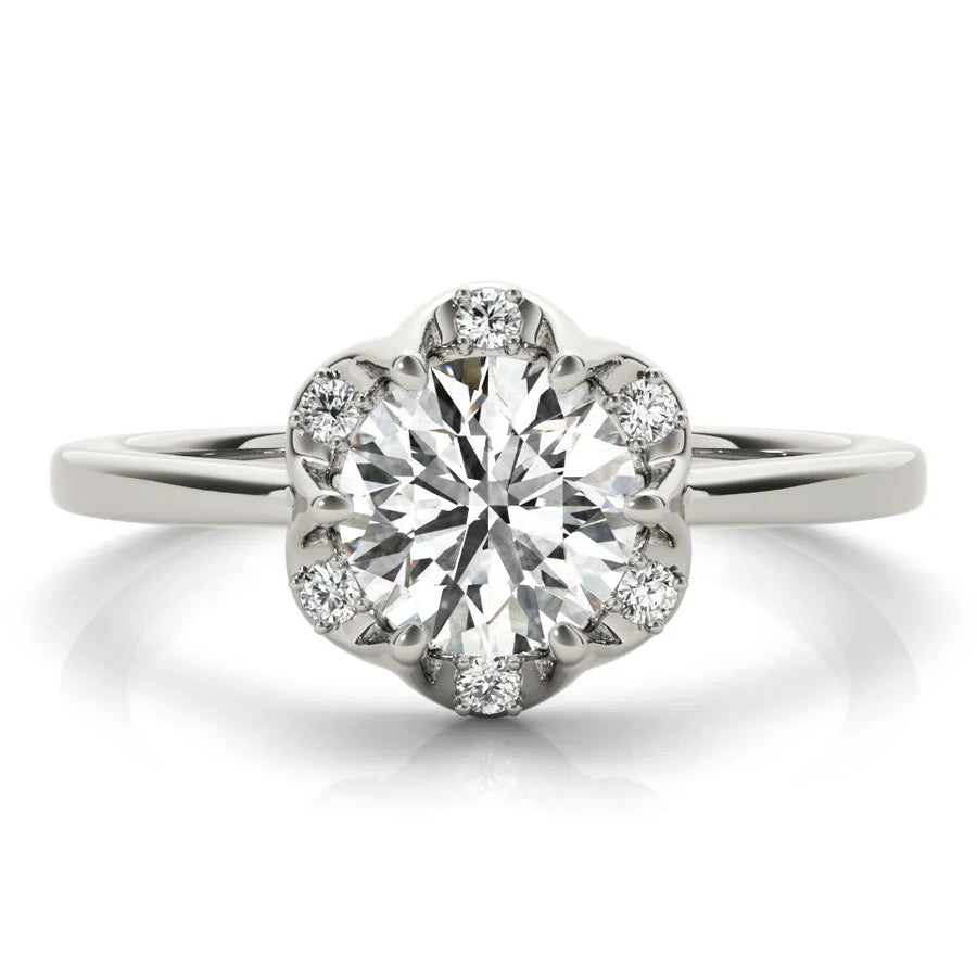 White gold Round Brilliant Halo Solitaire Ring with Scalloped Prong Setting