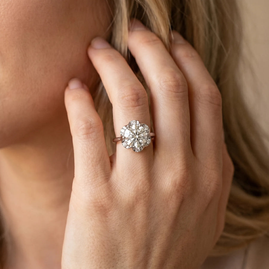 White gold Round Brilliant Halo Solitaire Ring with Scalloped Prong Setting