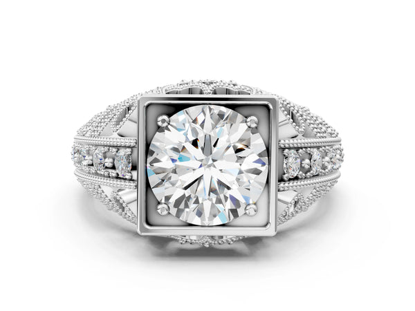 White gold Round Brilliant Milgrain Filigree Diamond Ring with Square Prong Setting