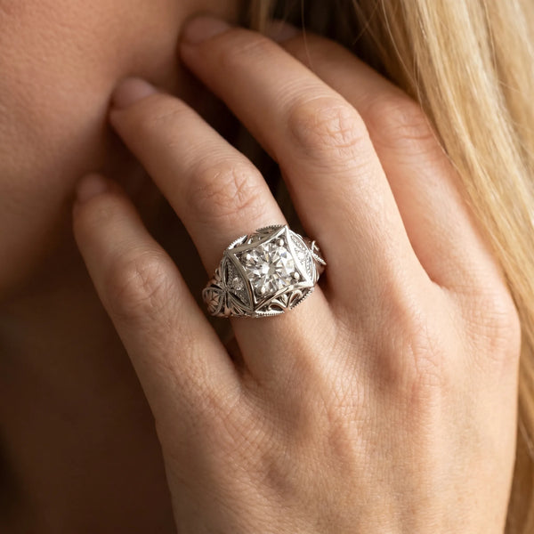 White gold Round Brilliant Milgrain Filigree Solitaire with Bezel and Prong Setting