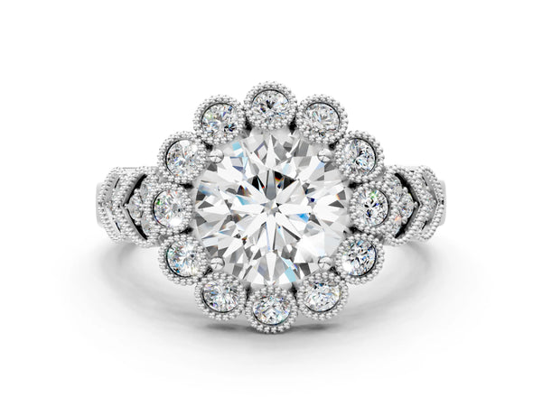 White gold Round Brilliant Milgrain Pave Heart Band Solitaire Ring
