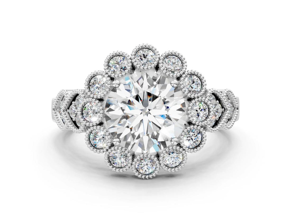 White gold Round Brilliant Milgrain Pave Heart Band Solitaire Ring_122