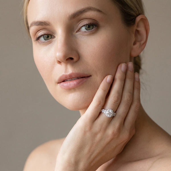 White gold Round Brilliant Milgrain Pave Heart Band Solitaire Ring