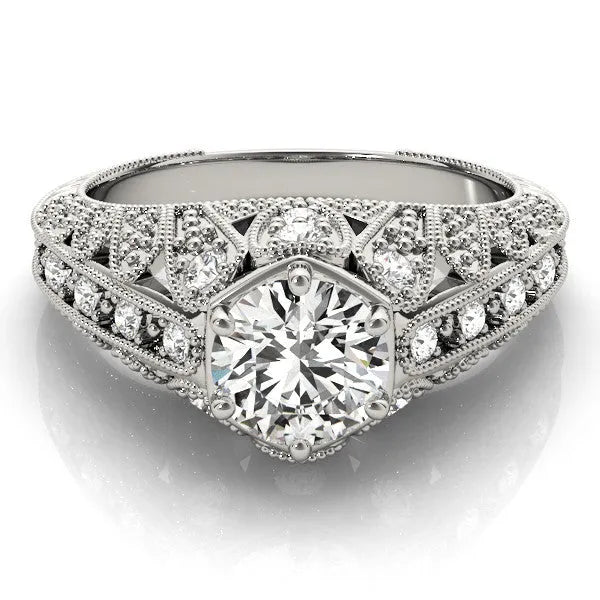 White gold Round Brilliant Milgrain Pave Split Shank Hexagon Prong Setting Ring