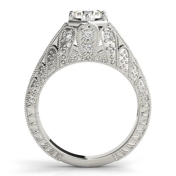 White gold Round Brilliant Milgrain Pave Split Shank Hexagon Prong Setting Ring
