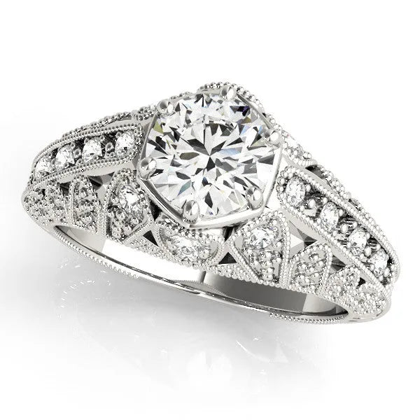 White gold Round Brilliant Milgrain Pave Split Shank Hexagon Prong Setting Ring