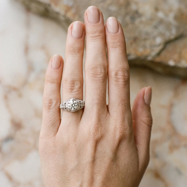 White gold Round Brilliant Milgrain Pave Split Shank Hexagon Prong Setting Ring
