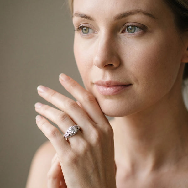 White gold Round Brilliant Milgrain Pave Split Shank Hexagon Prong Setting Ring