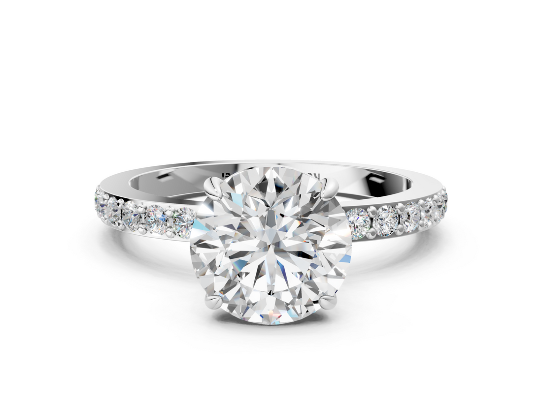 Silver 0.27 Carat D VVS2 Round Diamond Solitaire Engagement Ring with Pavé Band and Four-Prong Setting