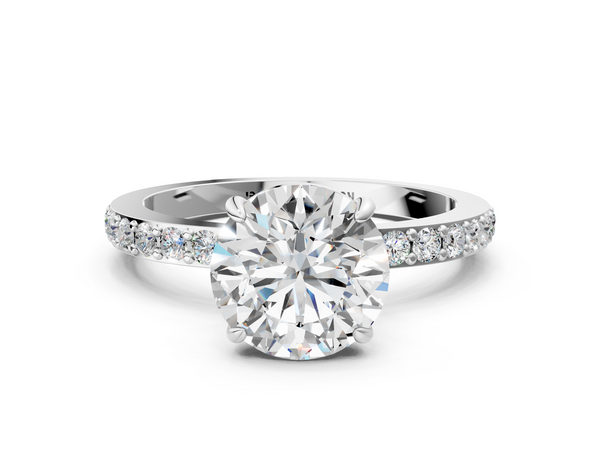 Silver 0.27 Carat D VVS2 Round Diamond Solitaire Engagement Ring with Pavé Band and Four-Prong Setting