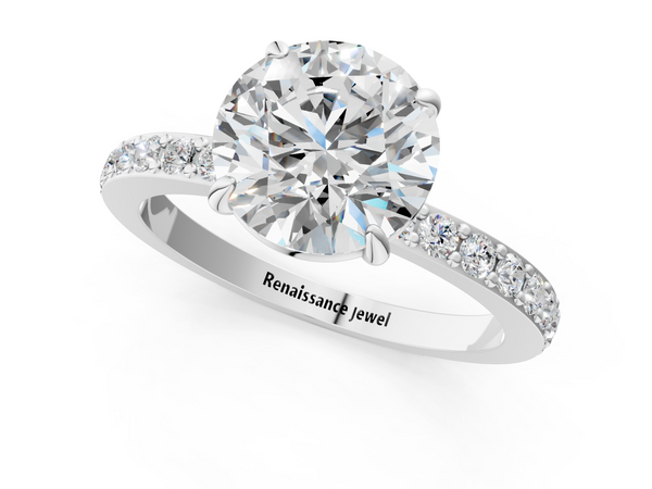 Silver 0.27 Carat D VVS2 Round Diamond Solitaire Engagement Ring with Pavé Band and Four-Prong Setting