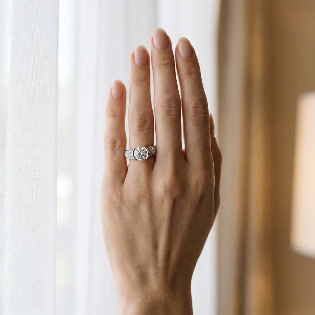 White gold Round Brilliant Pave Diamond Engagement Ring with Tension Prong Setting_4