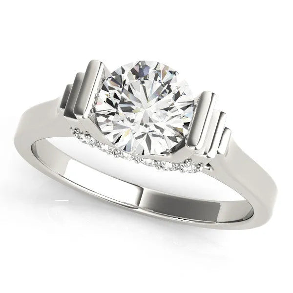 White gold Round Brilliant Solitaire Diamond Ring with Channel Set Band and Bar Prong Setting